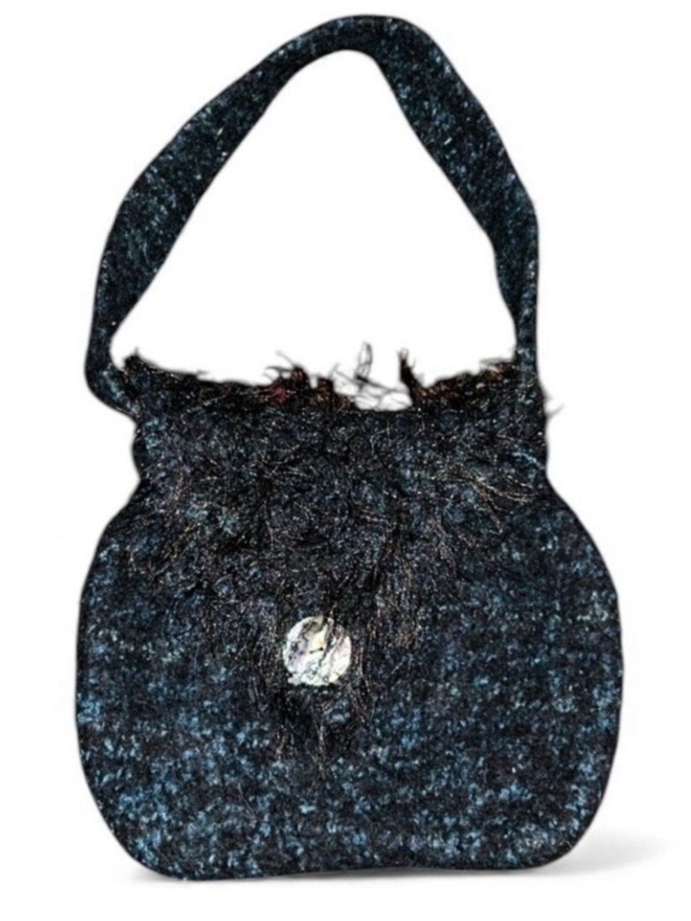Handmade Boiled Wool Black and Blue Tweed Fuzzy Shoulder Bag Boho Purse